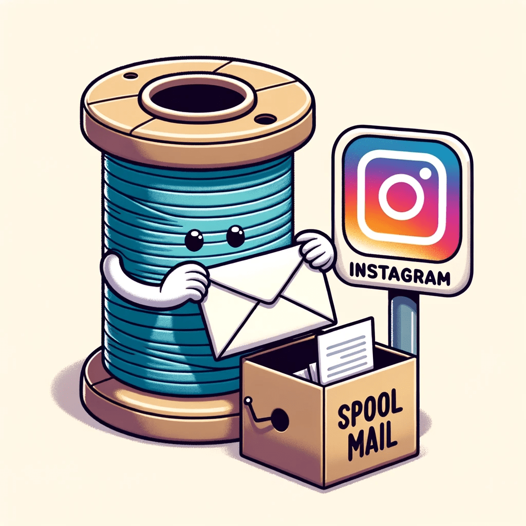 Illustration-of-a-thread-character-putting-a-letter-into-a-spool-shaped-mailbox-with-the-label-Spool-Mail-and-an-Instagram-logo-in-the-corner