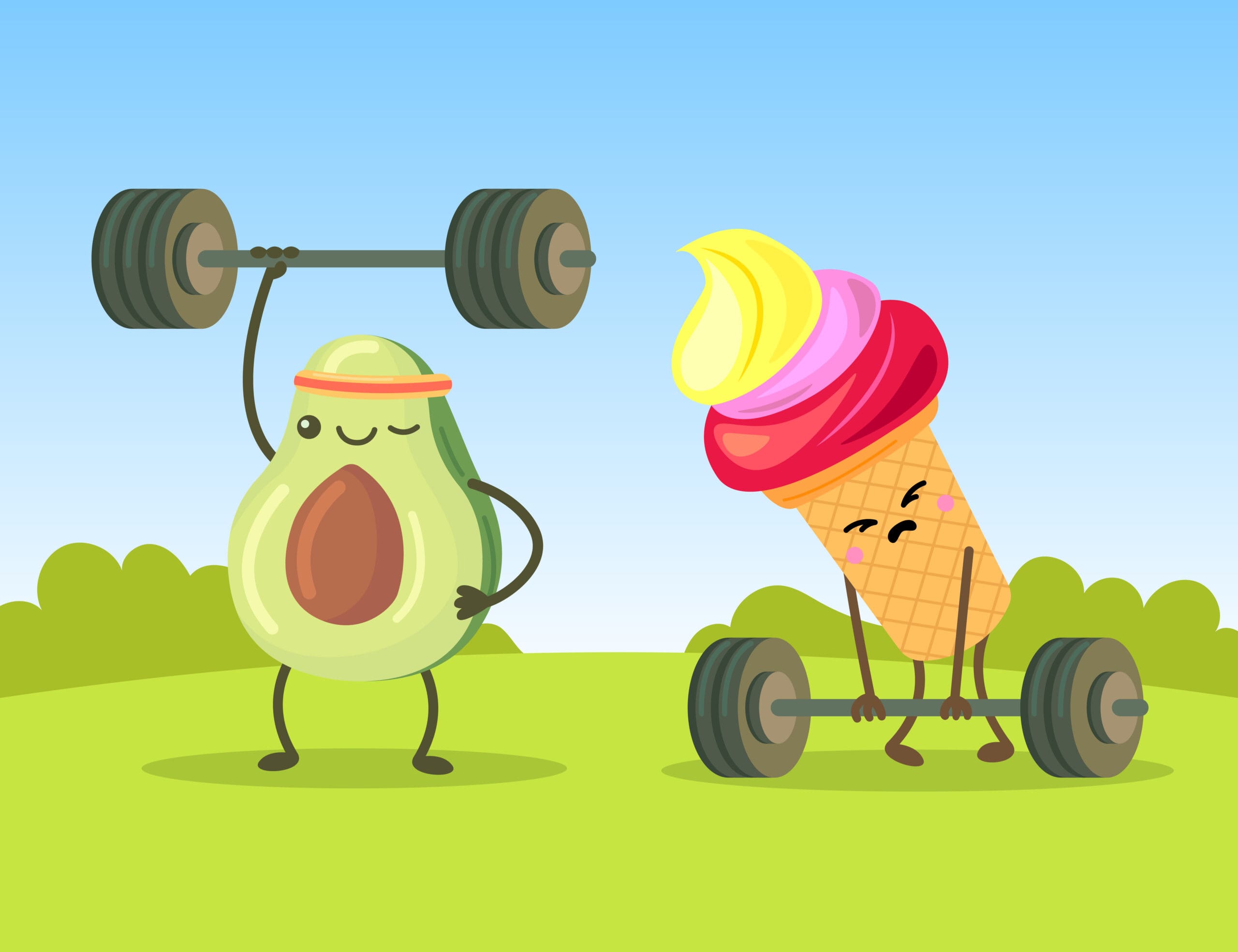 16369094 Cute avocado and ice cream characters exercising with dumbbells scaled