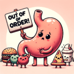 Illustration of a cartoon stomach with a worried expression. It's holding a sign that reads, 'Out of order!' Around the stomach, cartoon food items