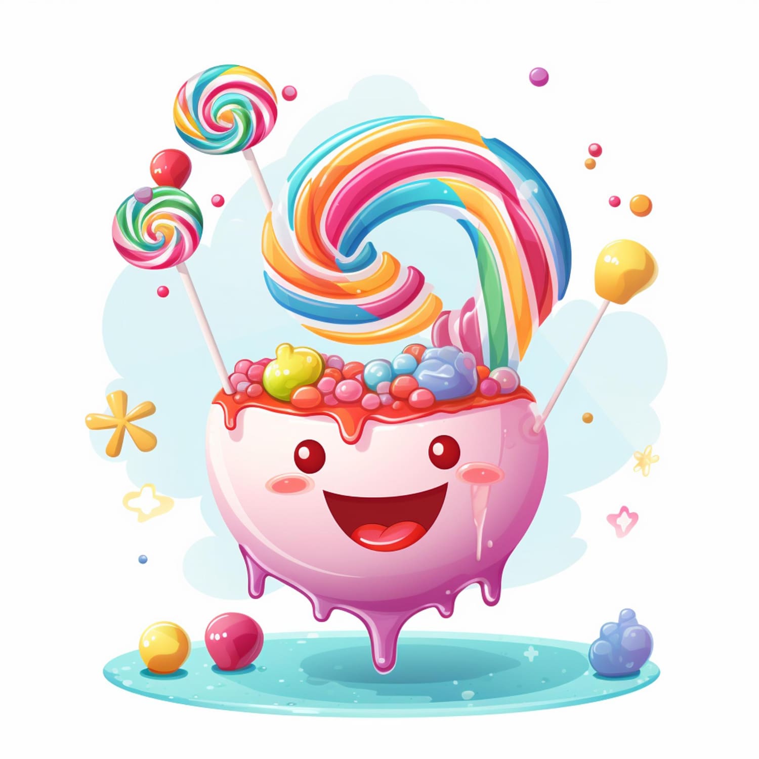Cartoon graphic of a satisfied candy with a chef’s hat and sunglasses waving goodbye on a colorful candy background.