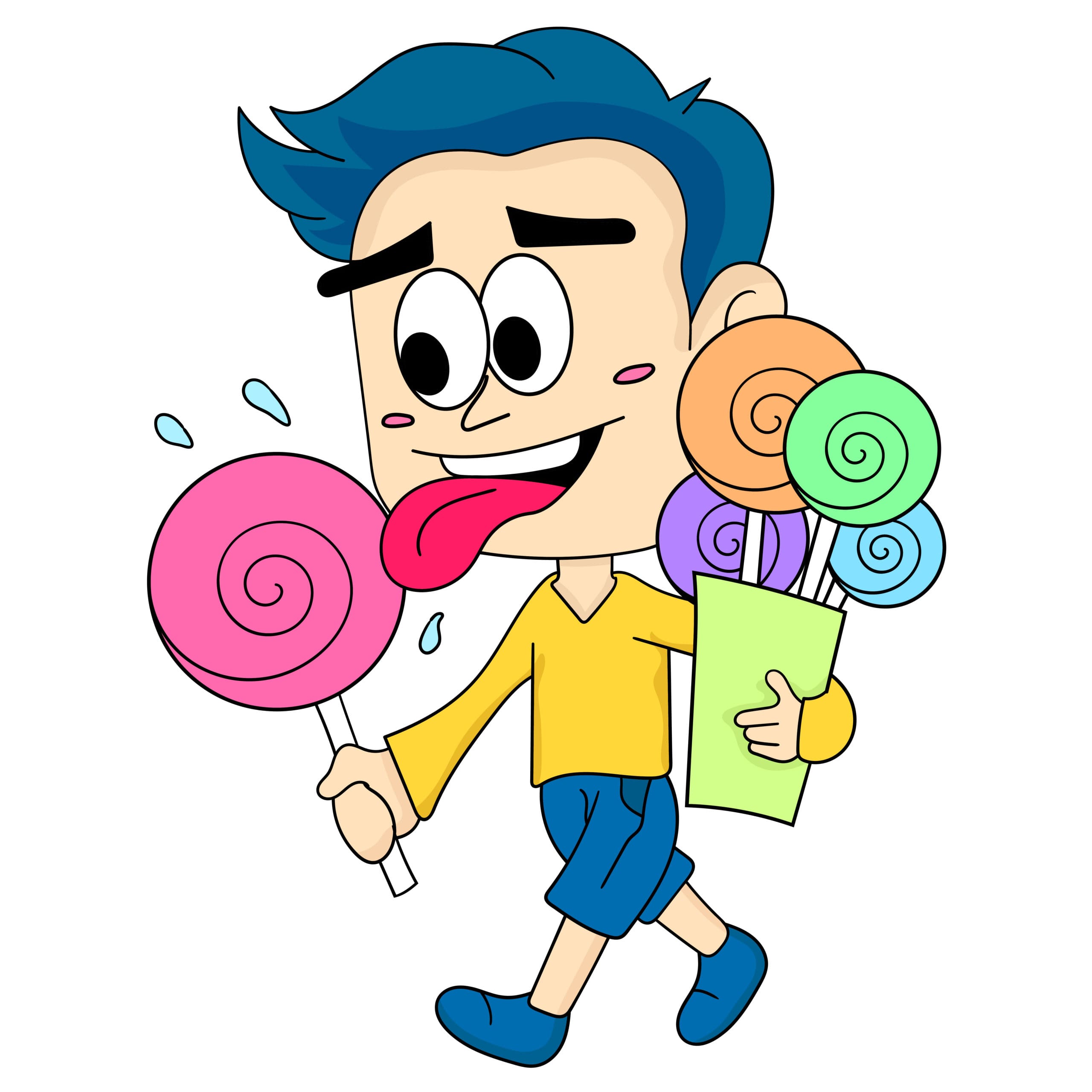 Cartoon graphic of a satisfied lollipop with a big smile and sunglasses waving goodbye on a candy-themed background.