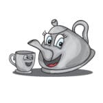 Cartoon graphic of a satisfied teapot with a chef’s hat and sunglasses waving goodbye on a tea-themed background.