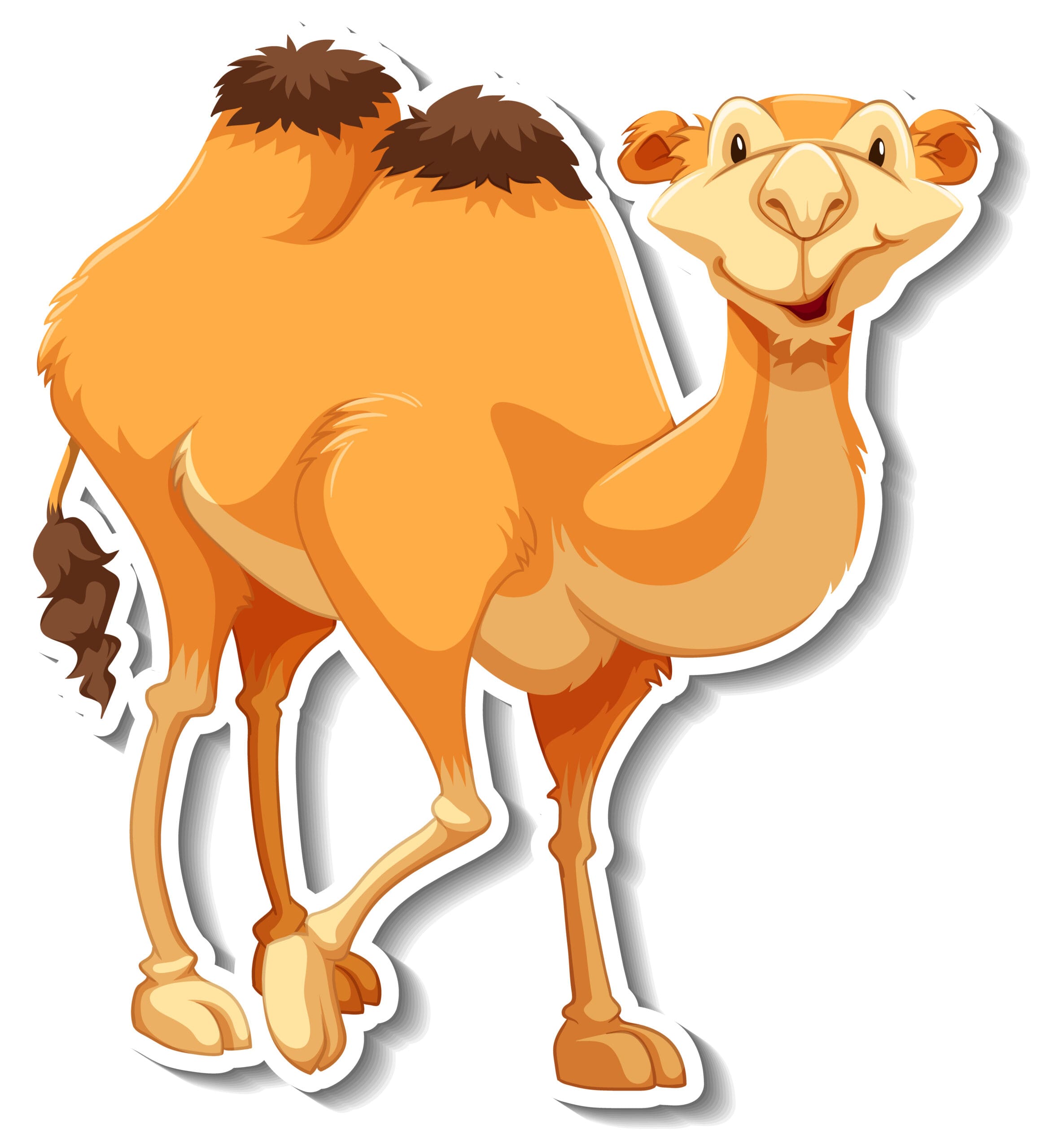 Cartoon graphic of a cheerful camel waving goodbye in the desert.