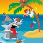 Comics mouse pirate escapes from shark. Vector flat illustration