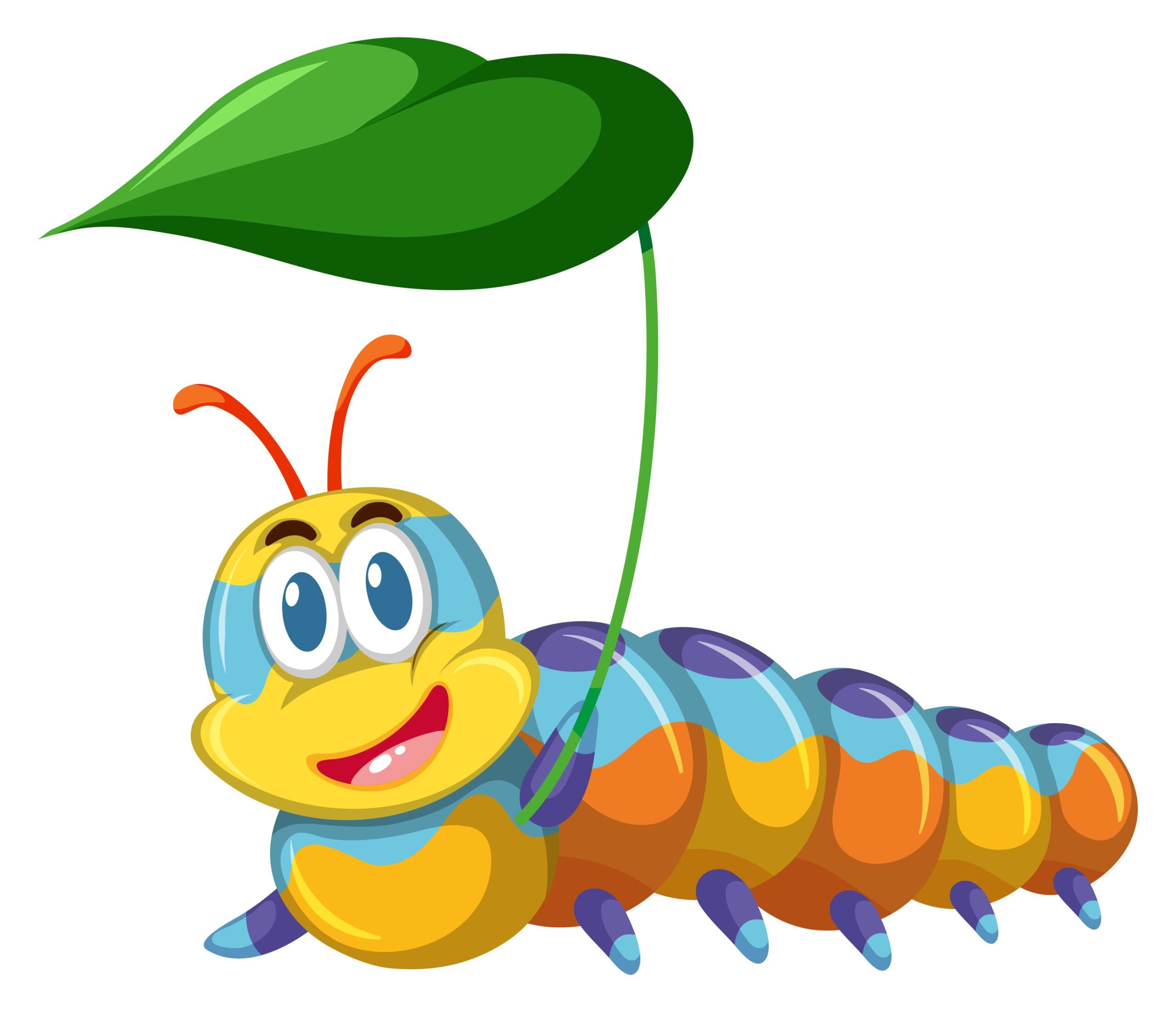 Cartoon graphic of a smiling worm in a garden.