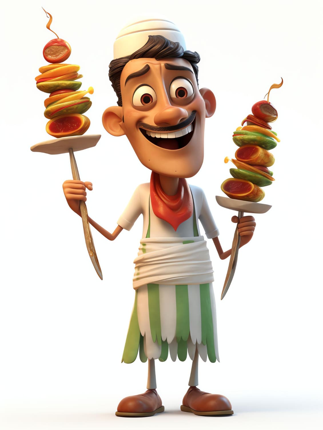 Cartoon graphic of a satisfied kebab skewer with a chef’s hat and sunglasses waving goodbye on a grill-themed background.