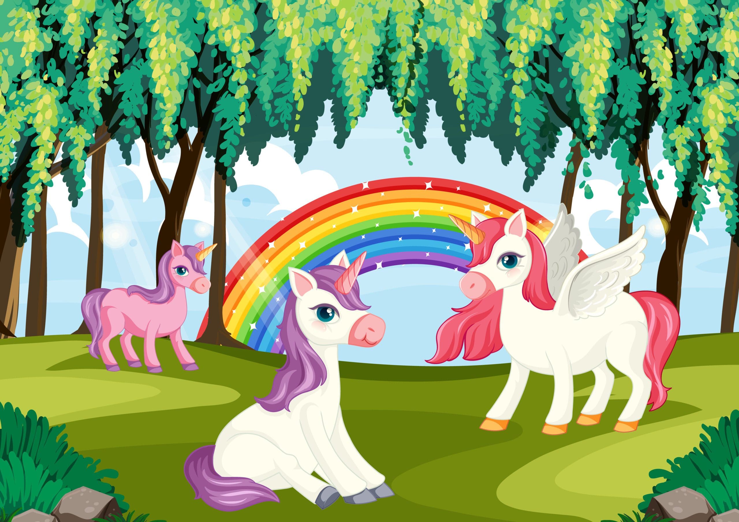 Cartoon graphic of a majestic unicorn in a magical forest.