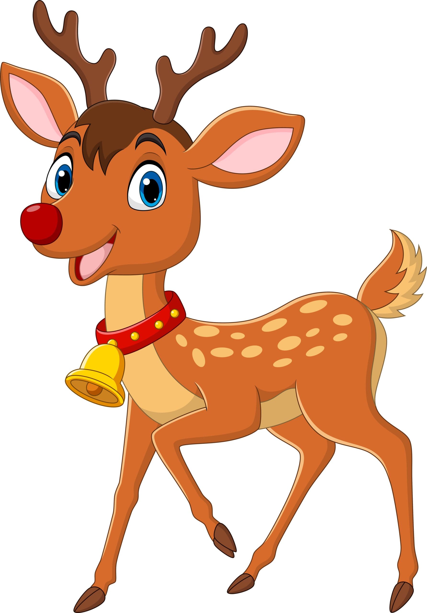 Cartoon graphic of a cheerful deer in a forest setting.