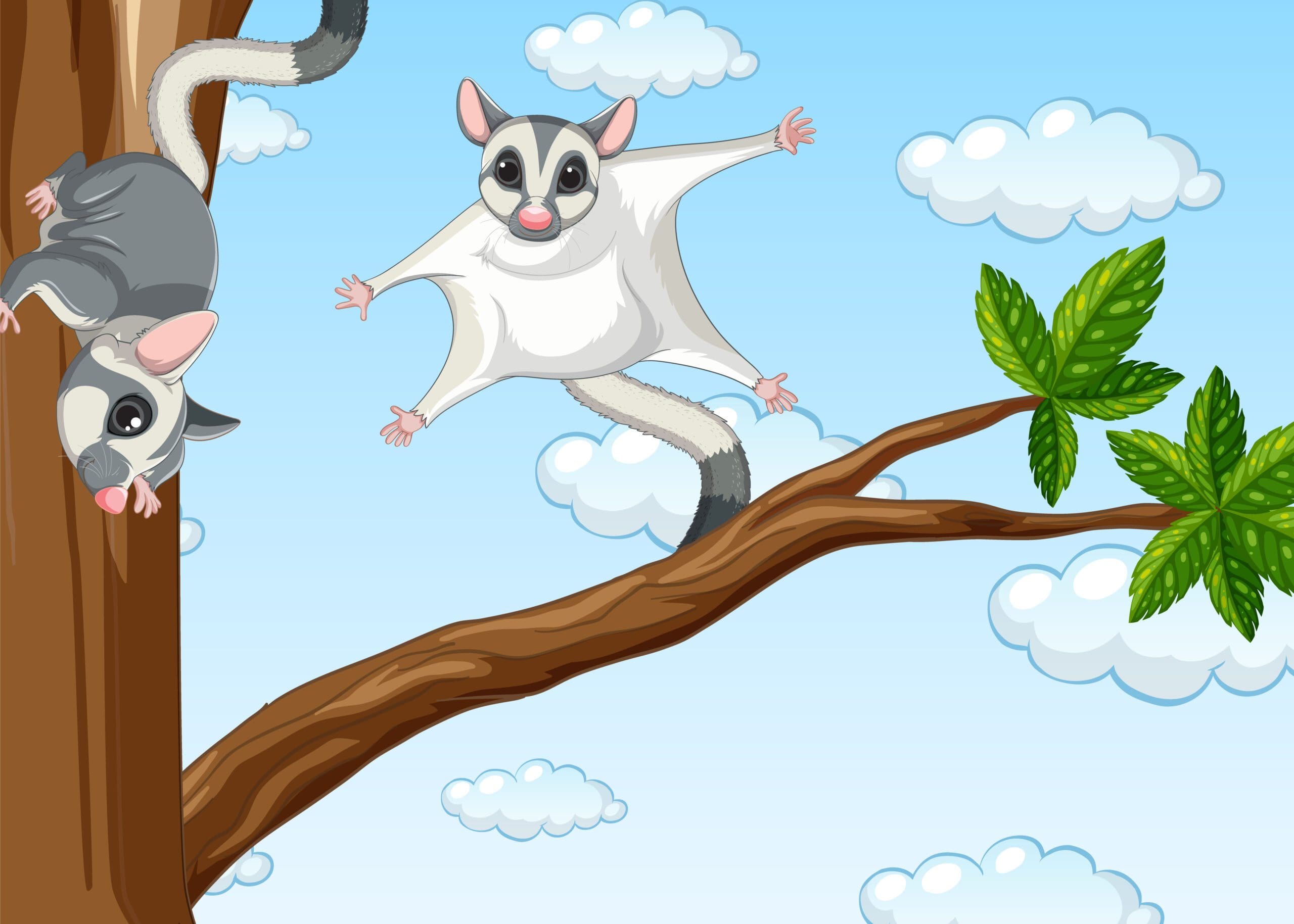Cartoon graphic of two possums hanging from a tree branch.