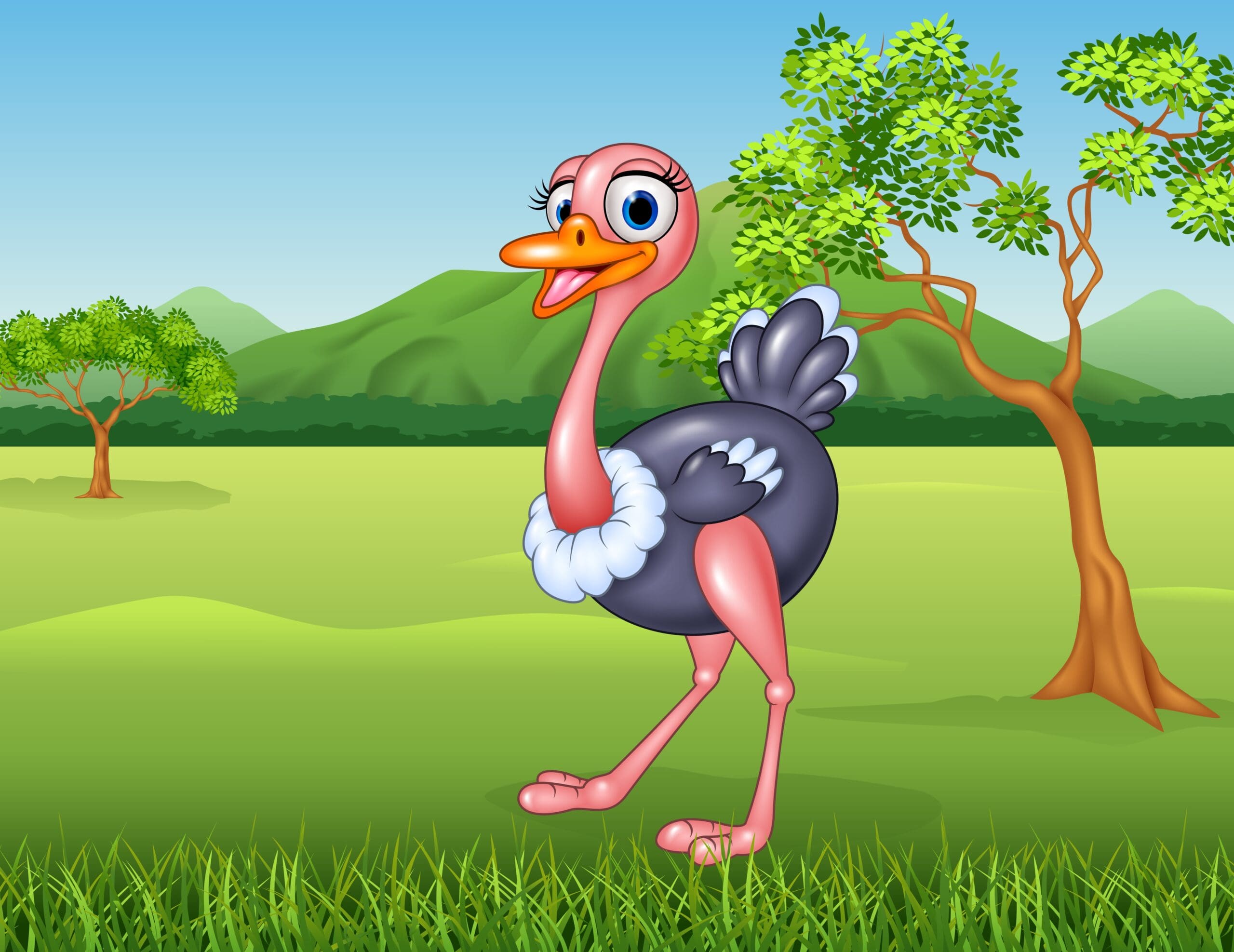 Cartoon graphic of a happy ostrich in a wide-open field.