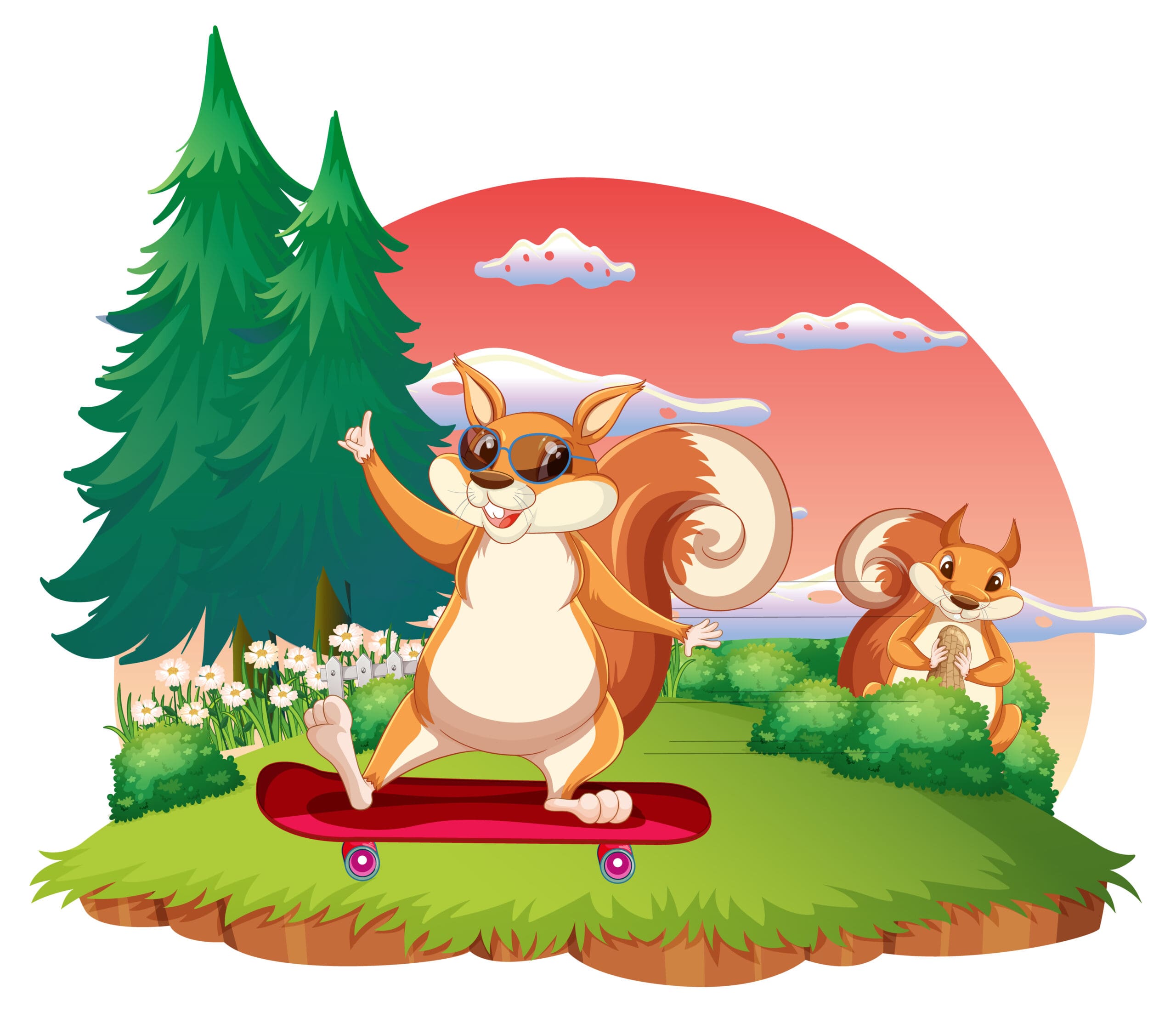 A squirrel playing skateboard on island illustration