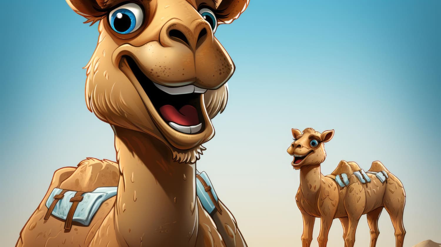 Cartoon graphic of a camel enjoying a desert sunset.