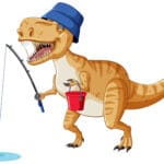 Tyrannosaurus rex dinosaur fishing in cartoon style