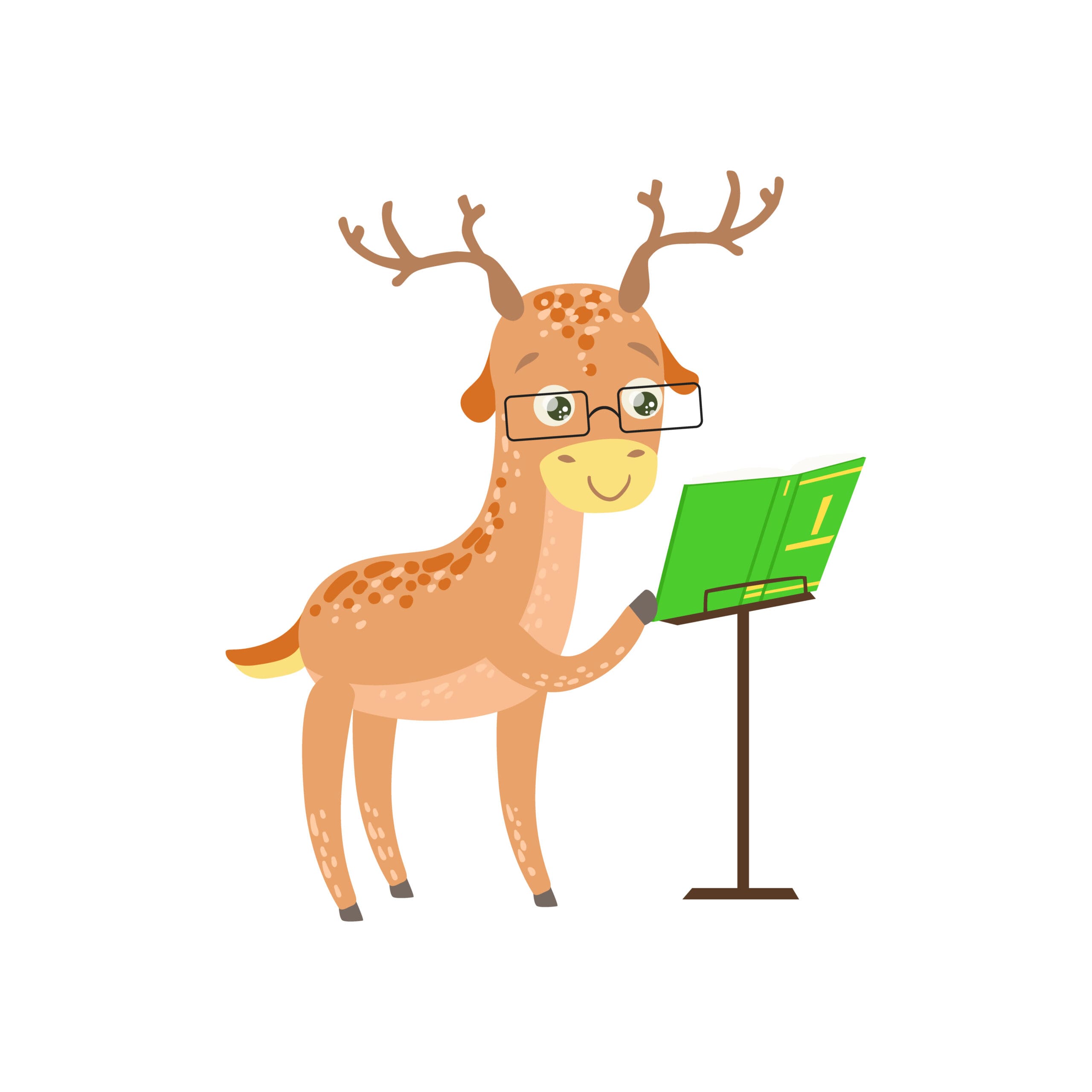Cartoon graphic of a happy deer waving goodbye in the forest.