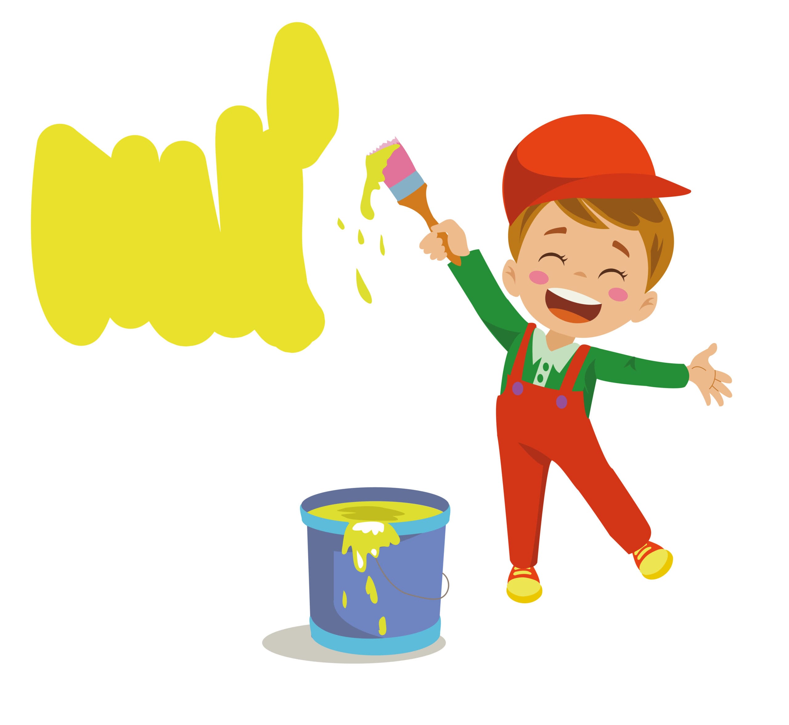 Cartoon graphic of a paintbrush and a paint can waving goodbye on a colorful background.