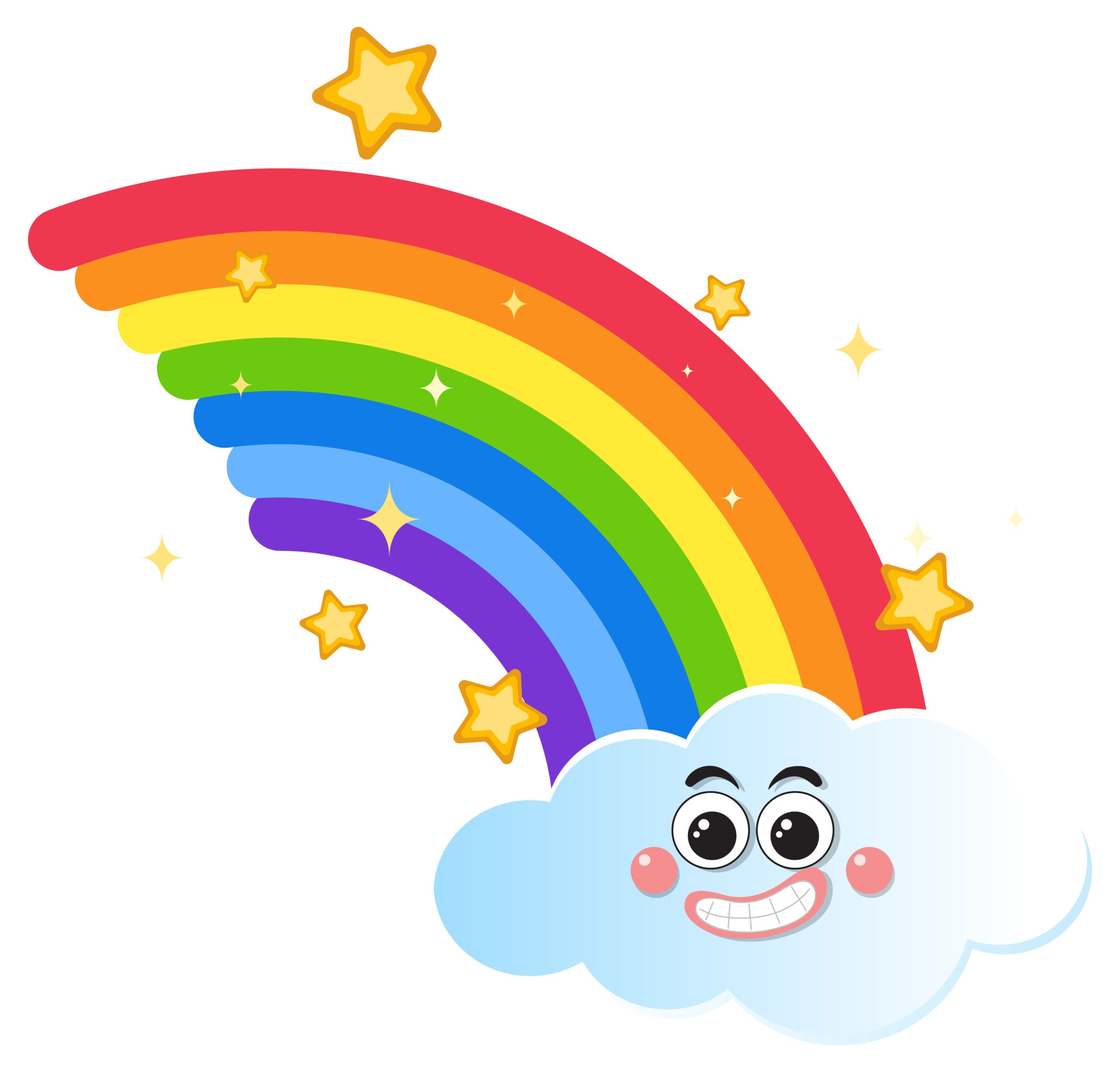 Cartoon graphic of a cheerful rainbow waving goodbye on a colorful background.