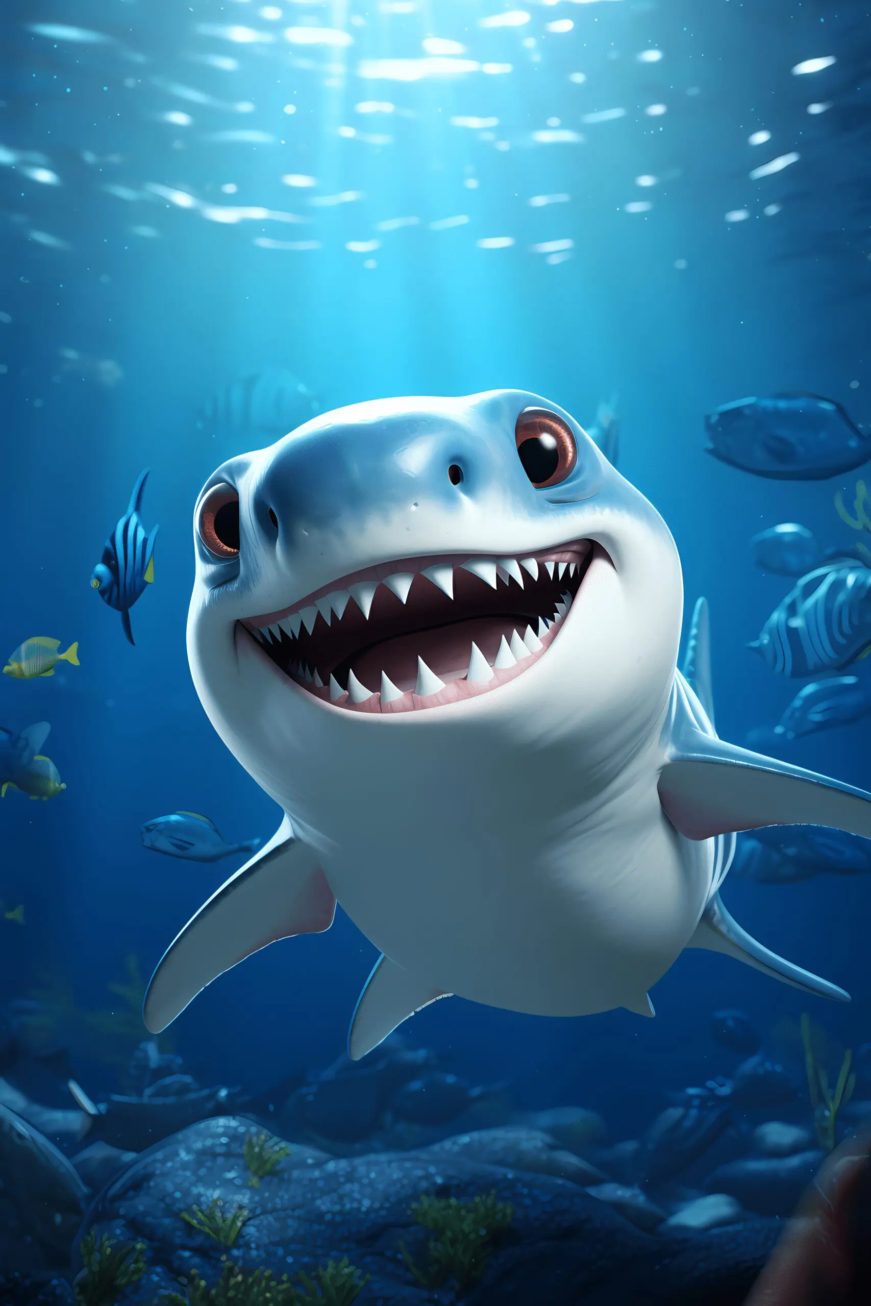 Cartoon graphic of a content shark in an underwater scene.