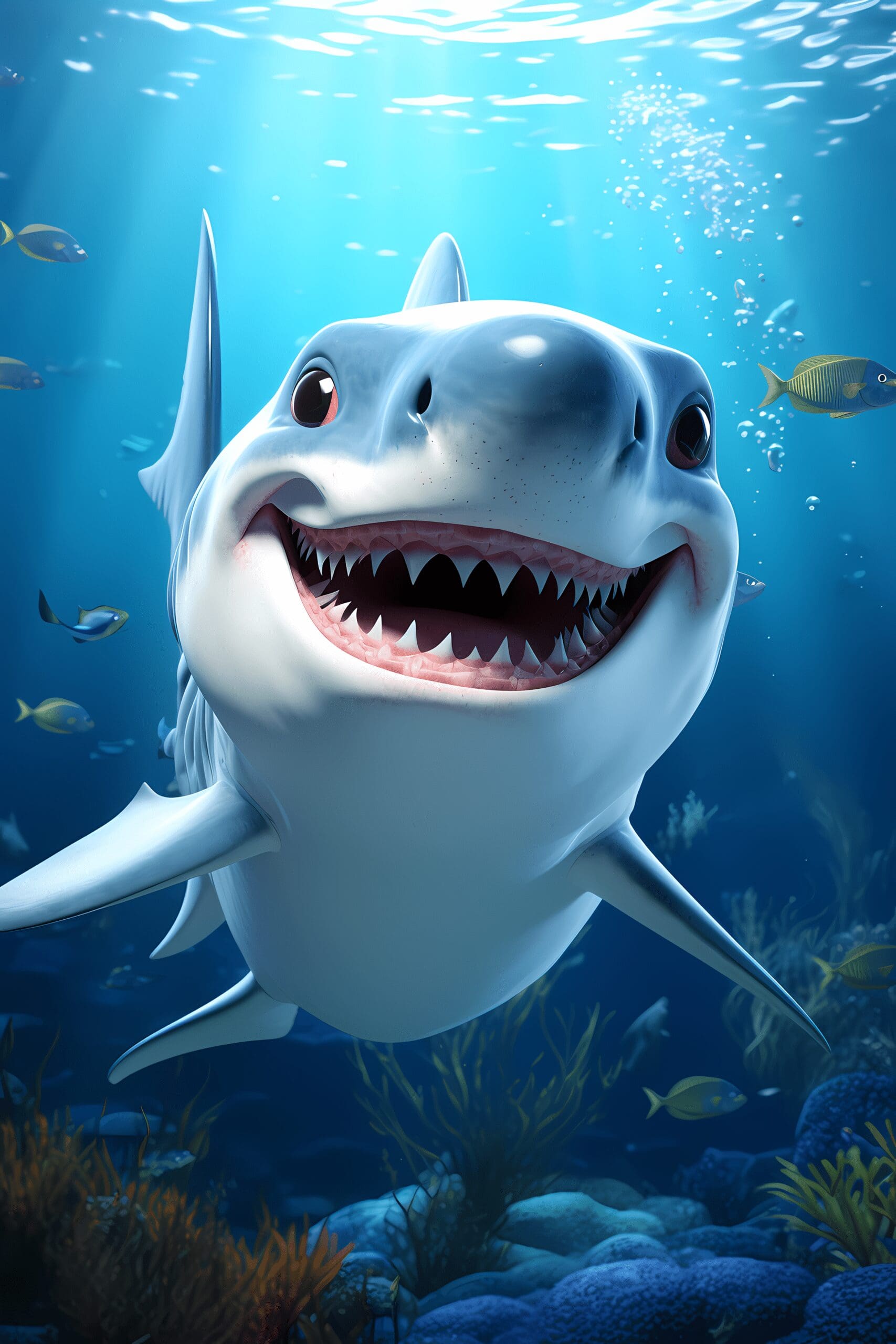 Cartoon graphic of a cheerful shark in an underwater scene.