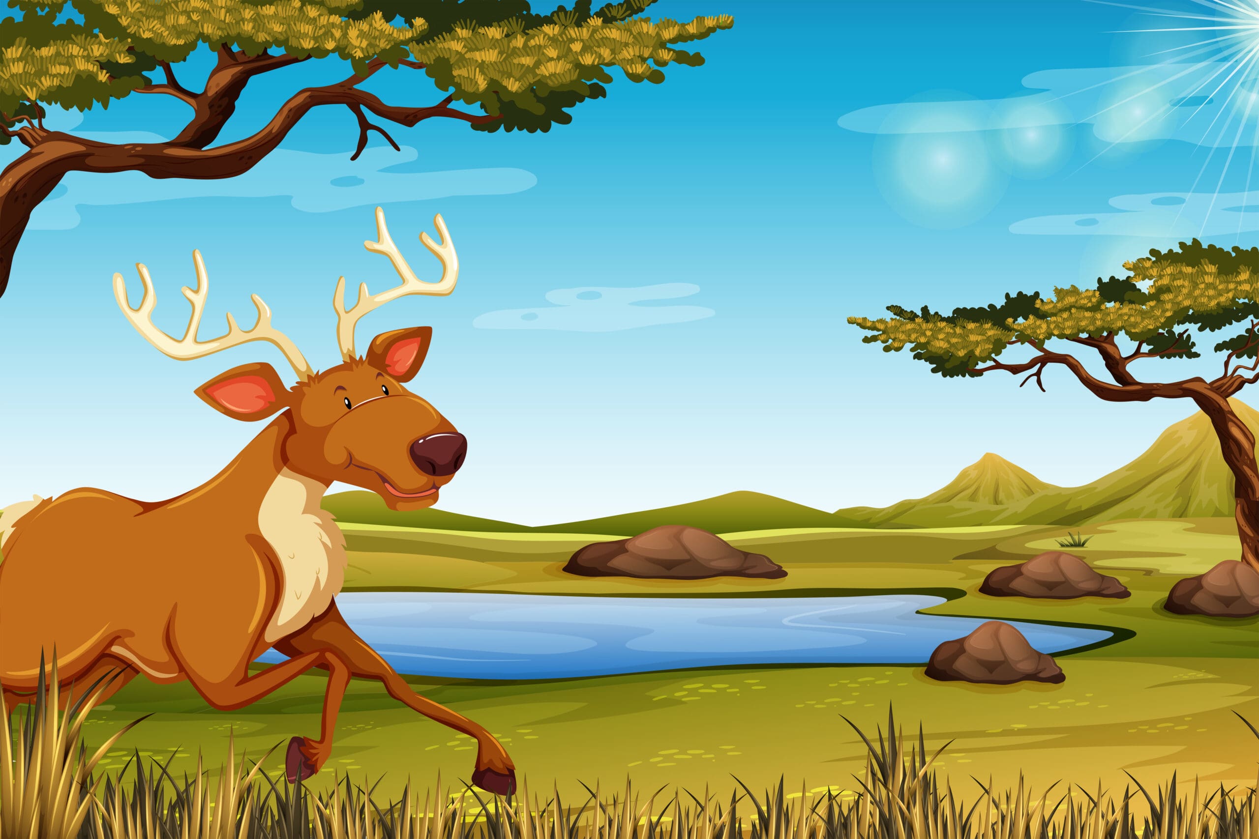 Cartoon graphic of a content deer in a lush forest.