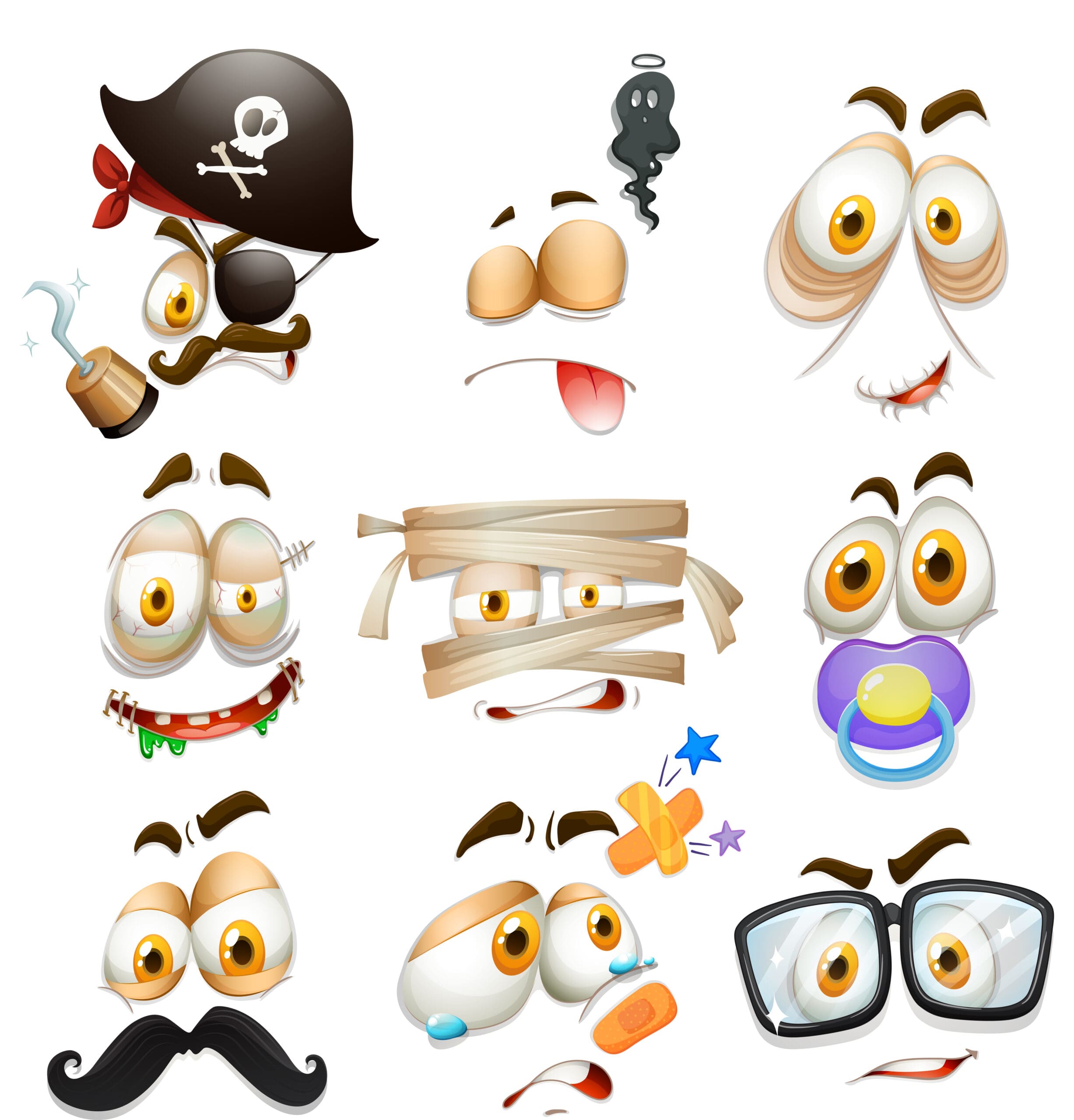 Cartoon graphic of a variety of noses with funny expressions.