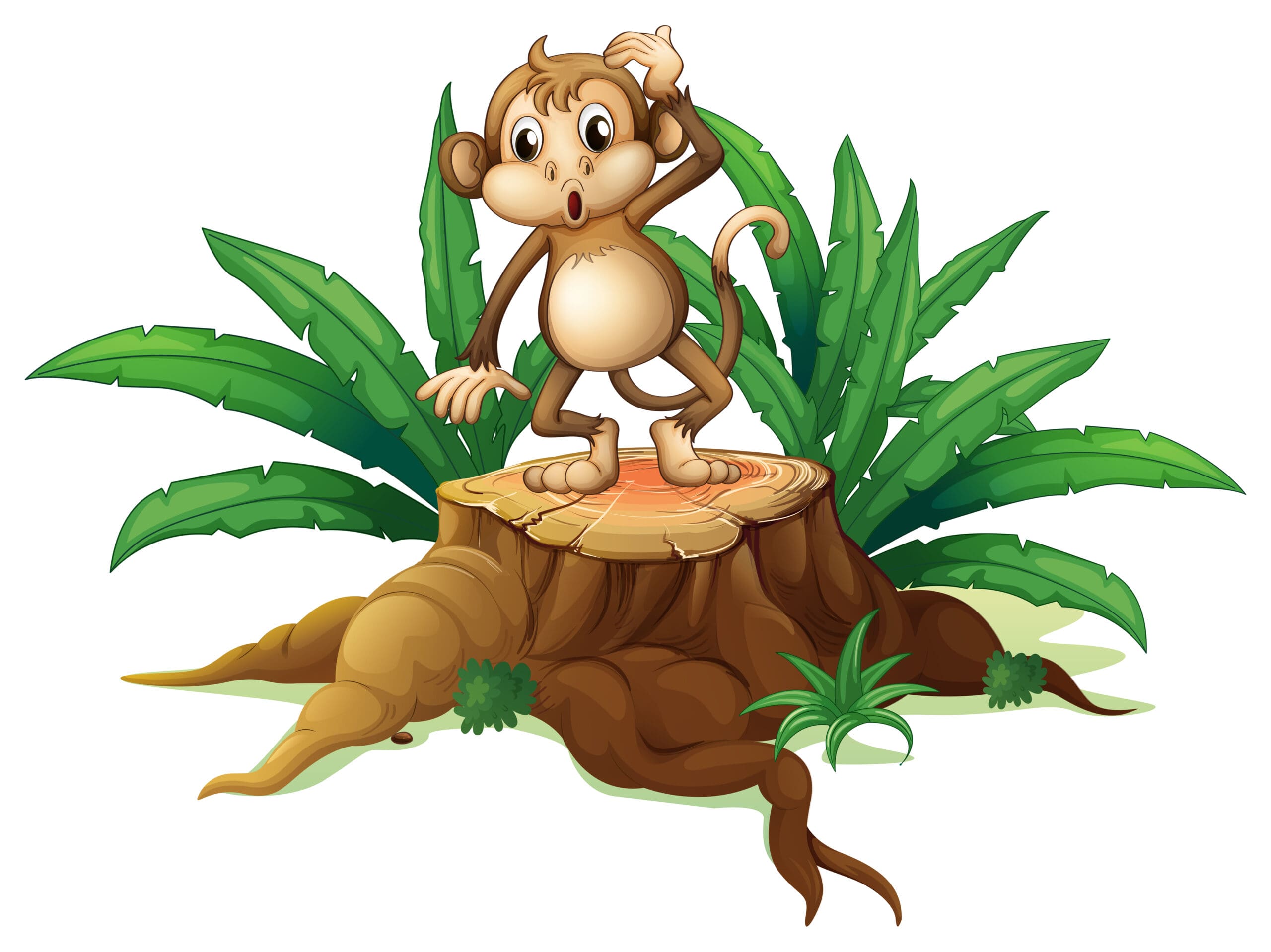 A monkey standing on the stump with leaves