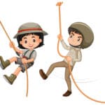 Boy and girl in safari outfit on white background