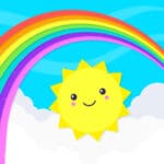 Cartoon graphic of a cheerful rainbow with sunglasses.