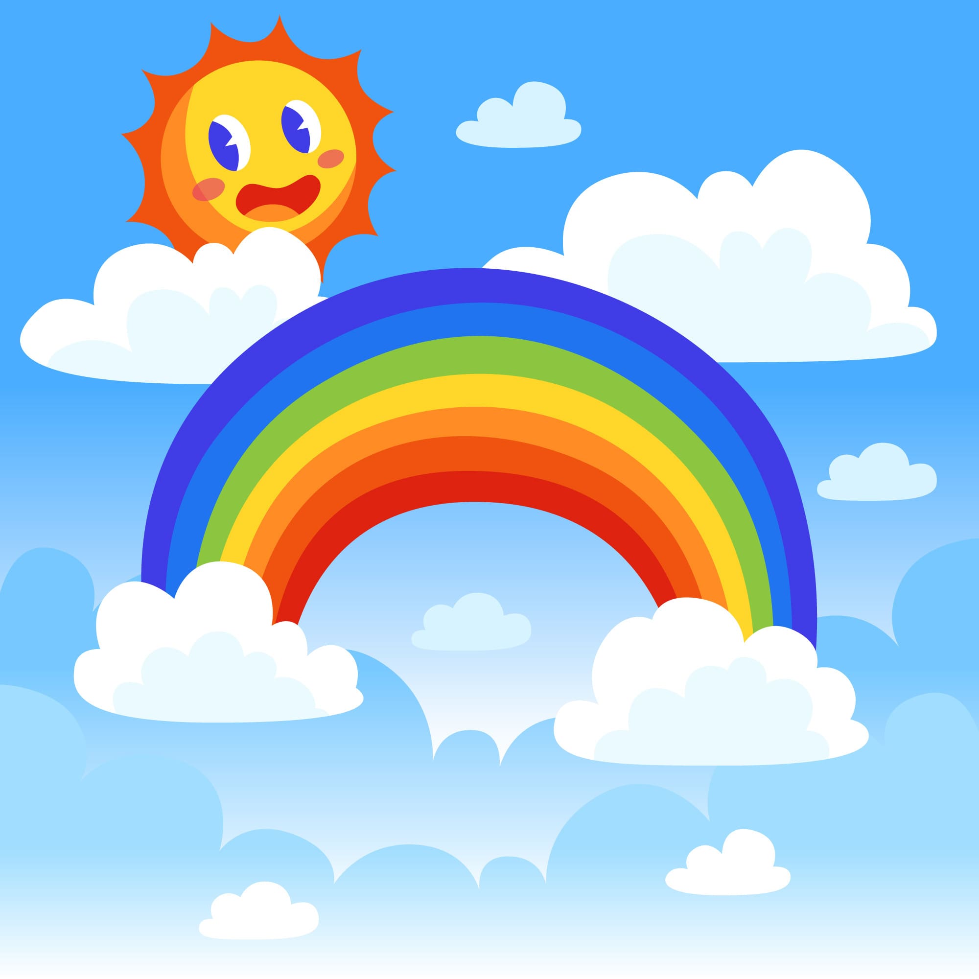 Cartoon graphic of a happy rainbow high-fiving a cloud.