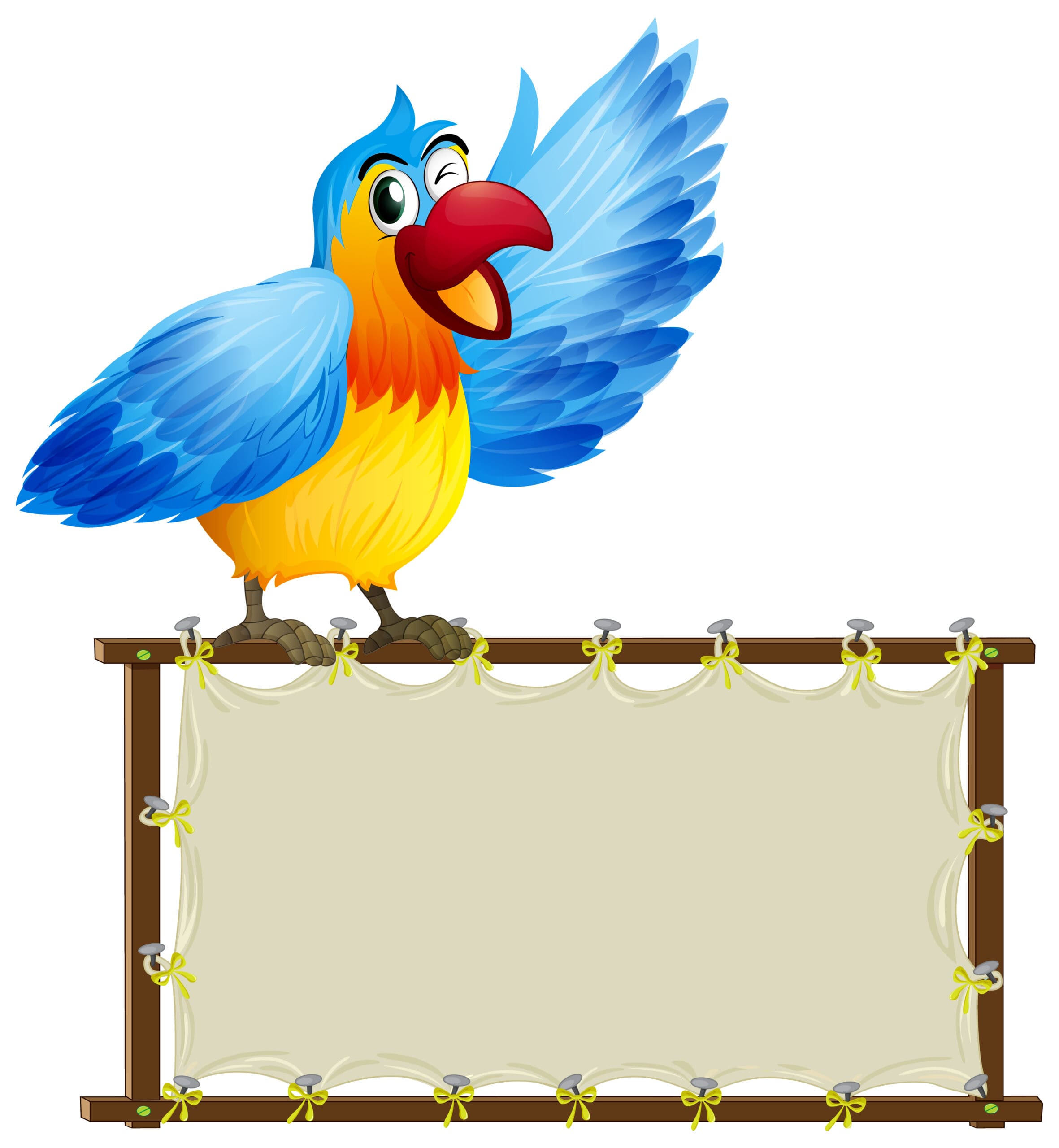 Cartoon graphic of a cheerful parrot perched on a branch.