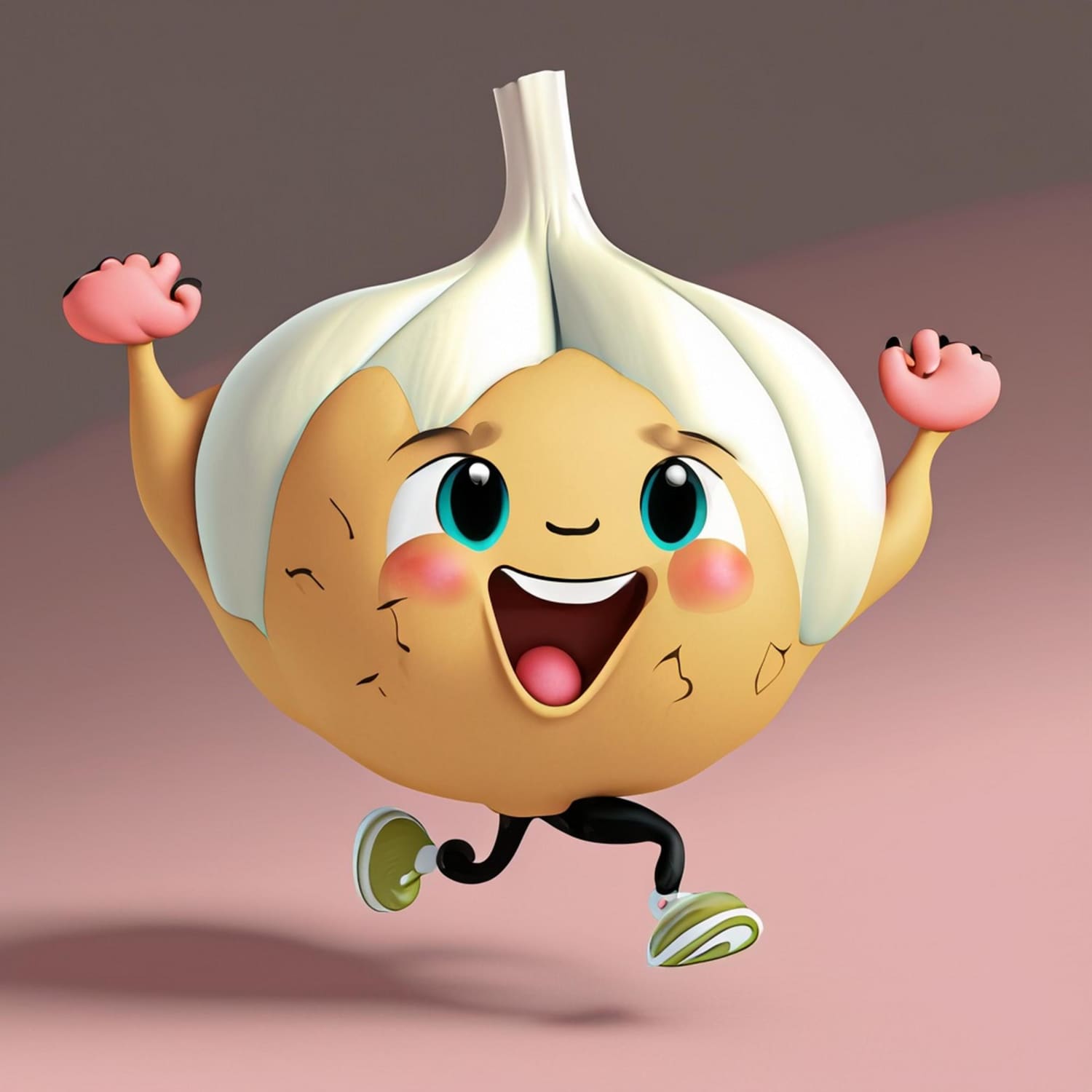 Cartoon graphic of a cheerful garlic bulb waving hello.