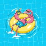 Flamingo exotic bird sitting on doughnut pool float wear sun glasses and drink orange juice on water swimming pool character