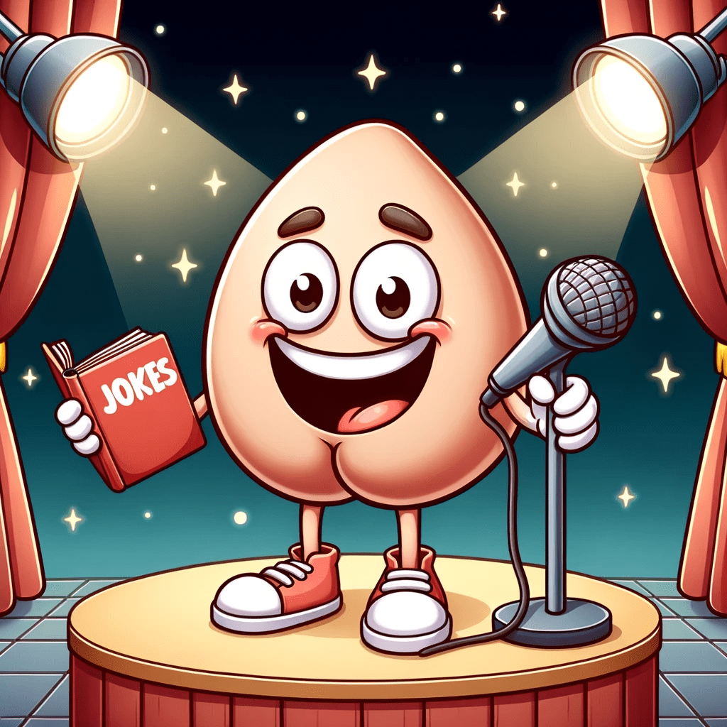 Illustration of a cheeky butt character holding a joke book and a microphone, standing on a comedy stage with a spotlight, perfect for a blogpost abou.