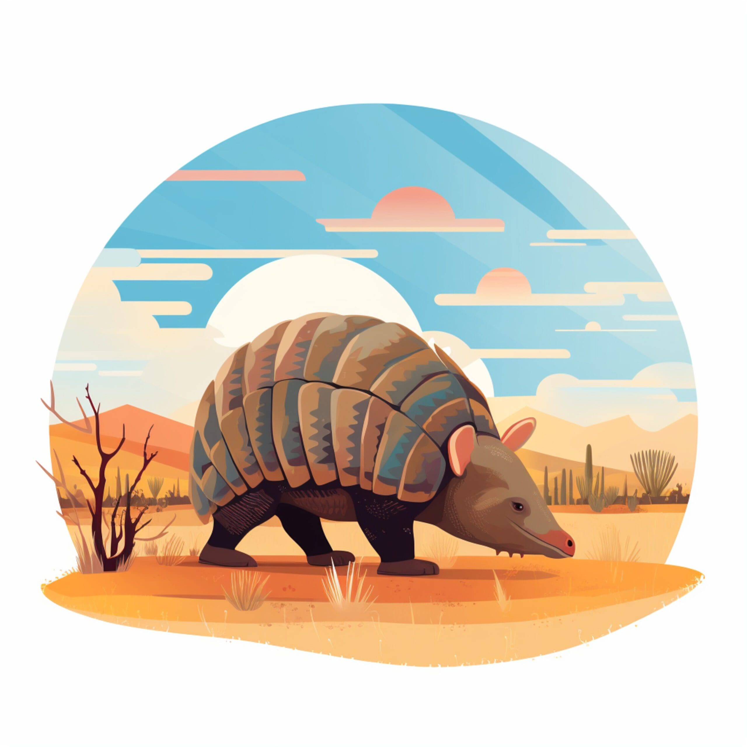 Cartoon graphic of a happy armadillo waving goodbye in the desert.