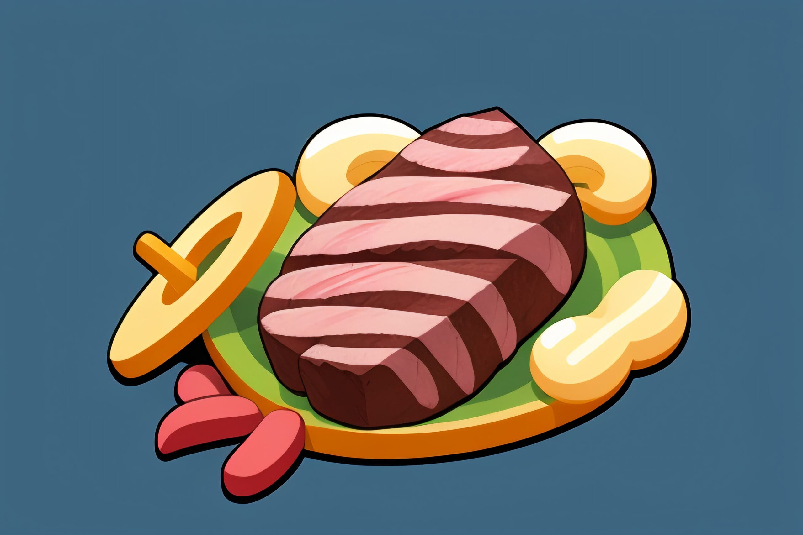 Cartoon graphic of a cheerful steak on a barbecue grill.