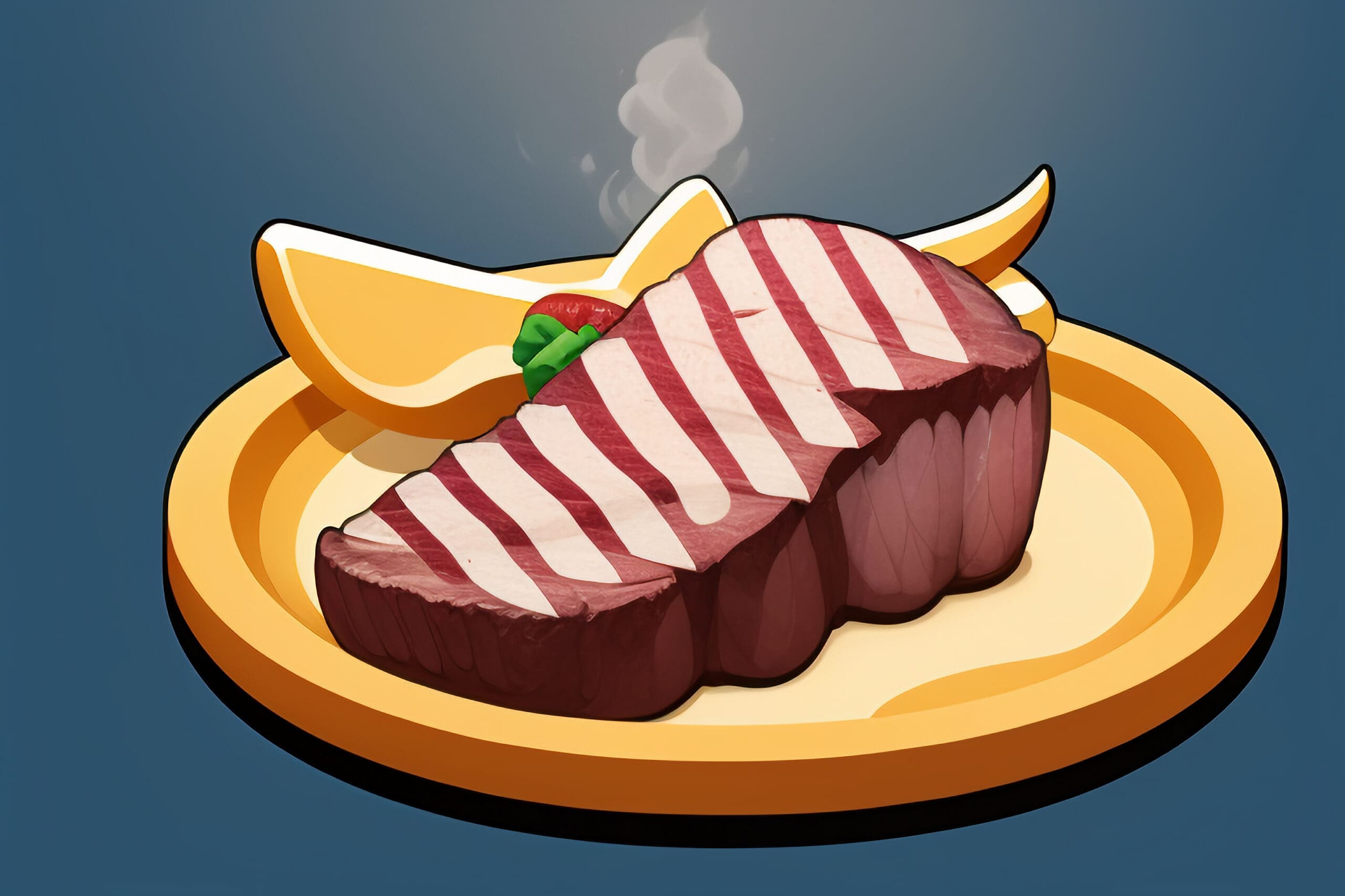 Cartoon graphic of a satisfied steak with a chef’s hat waving goodbye on a colorful background.