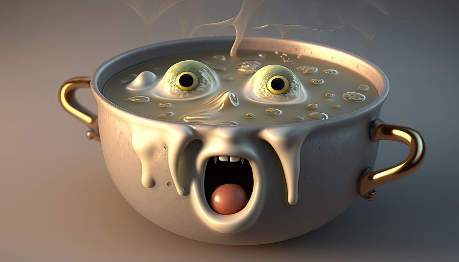 bowl soup with face that has eyes mouth wide open