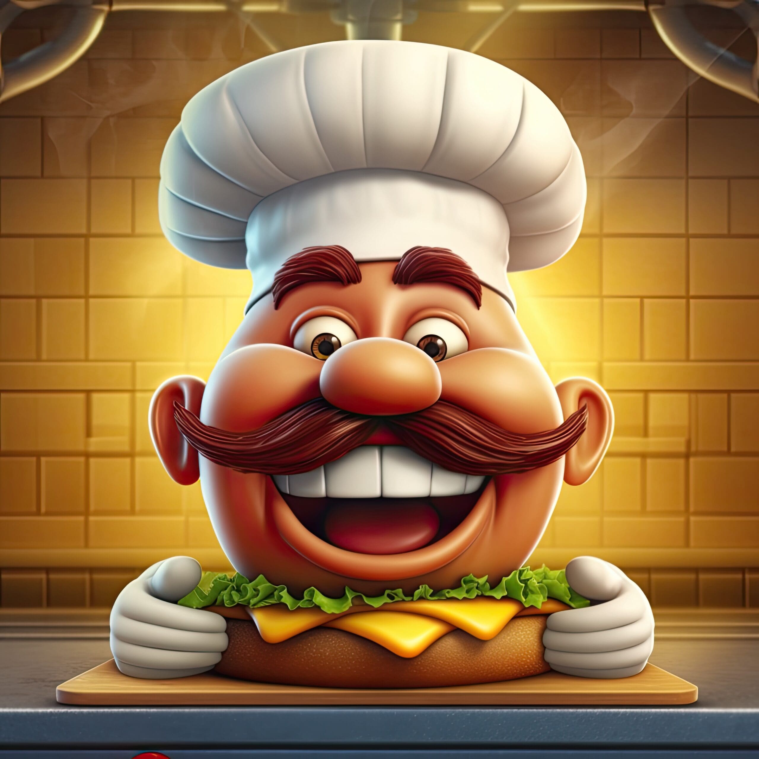 Cartoon graphic of a satisfied burger with a chef’s hat and a grin waving goodbye on a grill-themed background.