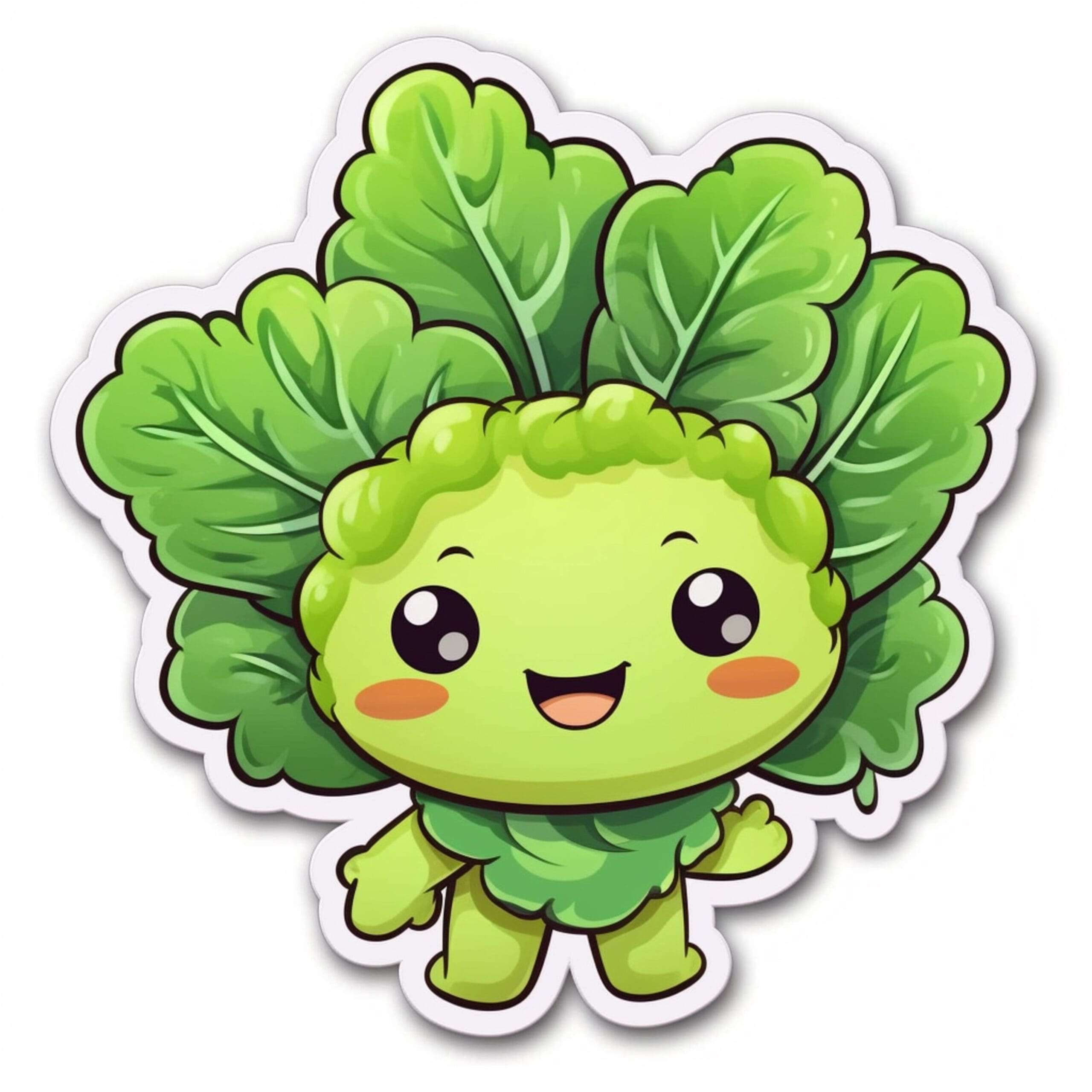 Cartoon graphic of a cheerful kale leaf doing a little dance on a vibrant green background.