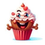 Cartoon graphic of a satisfied cupcake with a chef’s hat and a smile waving goodbye on a dessert-themed background.