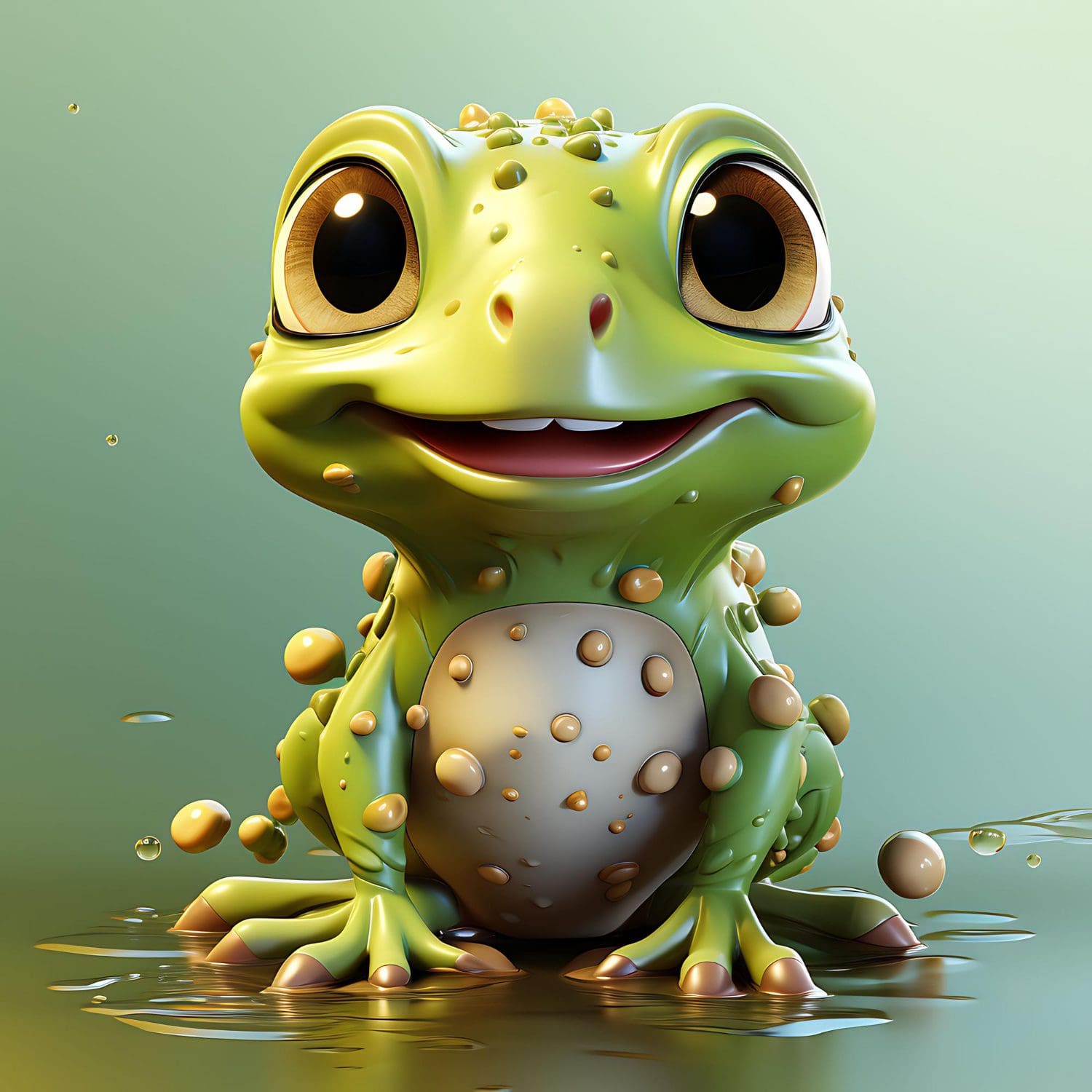 Cartoon graphic of a cheerful frog by a pond.