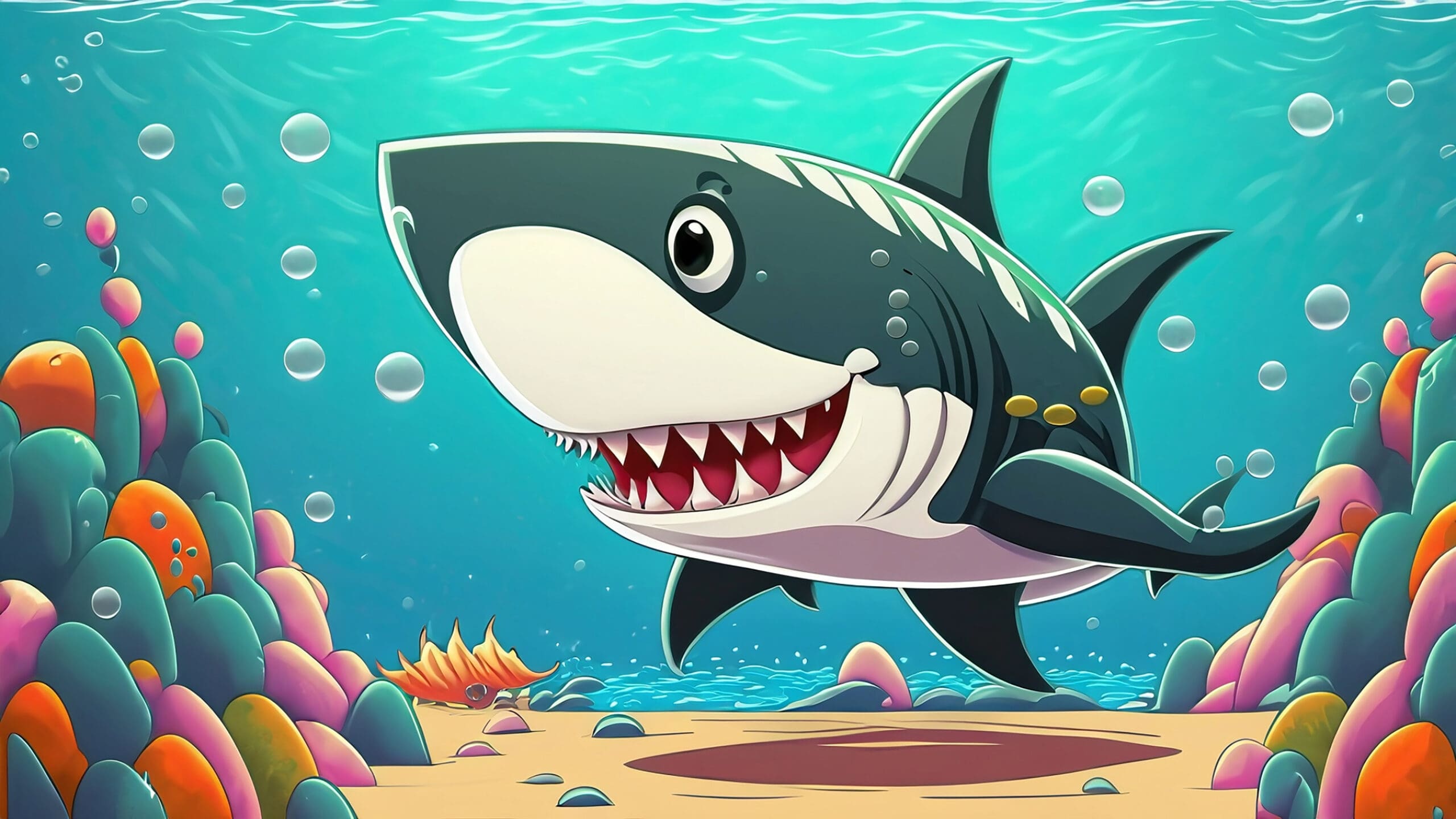 Cartoon graphic of a cheerful shark in an underwater scene.