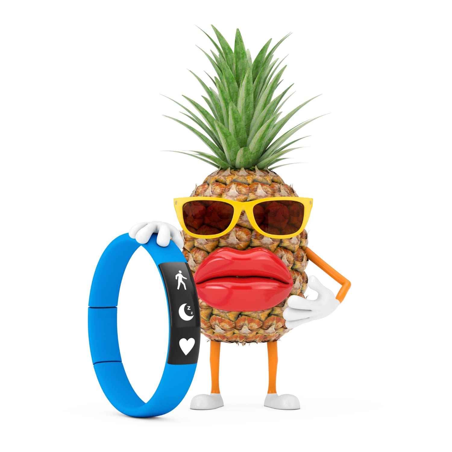 fun-cartoon-fashion-hipster-cut-pineapple-person-character-mascot-with-blue-fitness-tracker-white-background-3d-rendering