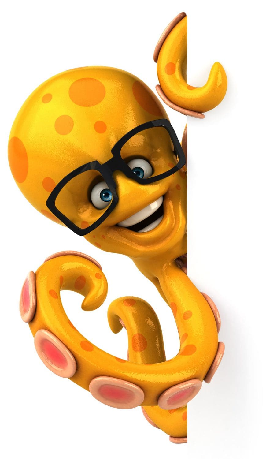 Cartoon graphic of a cheerful squid swimming through the ocean depths.