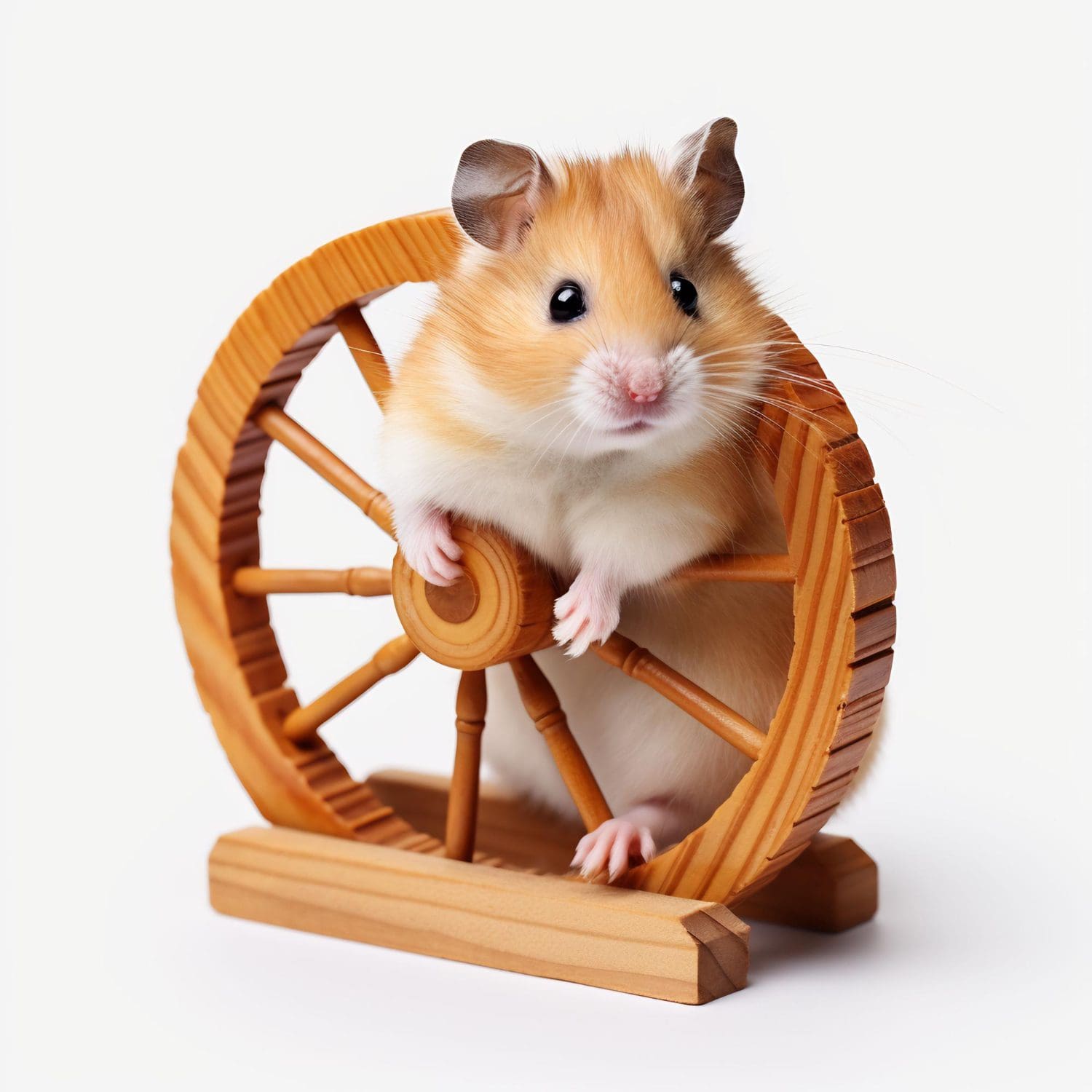 Cartoon graphic of a cute hamster running on a wheel.