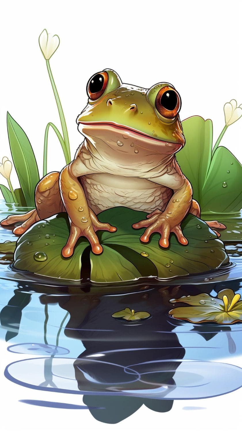 Cartoon graphic of a happy frog waving goodbye by the pond.