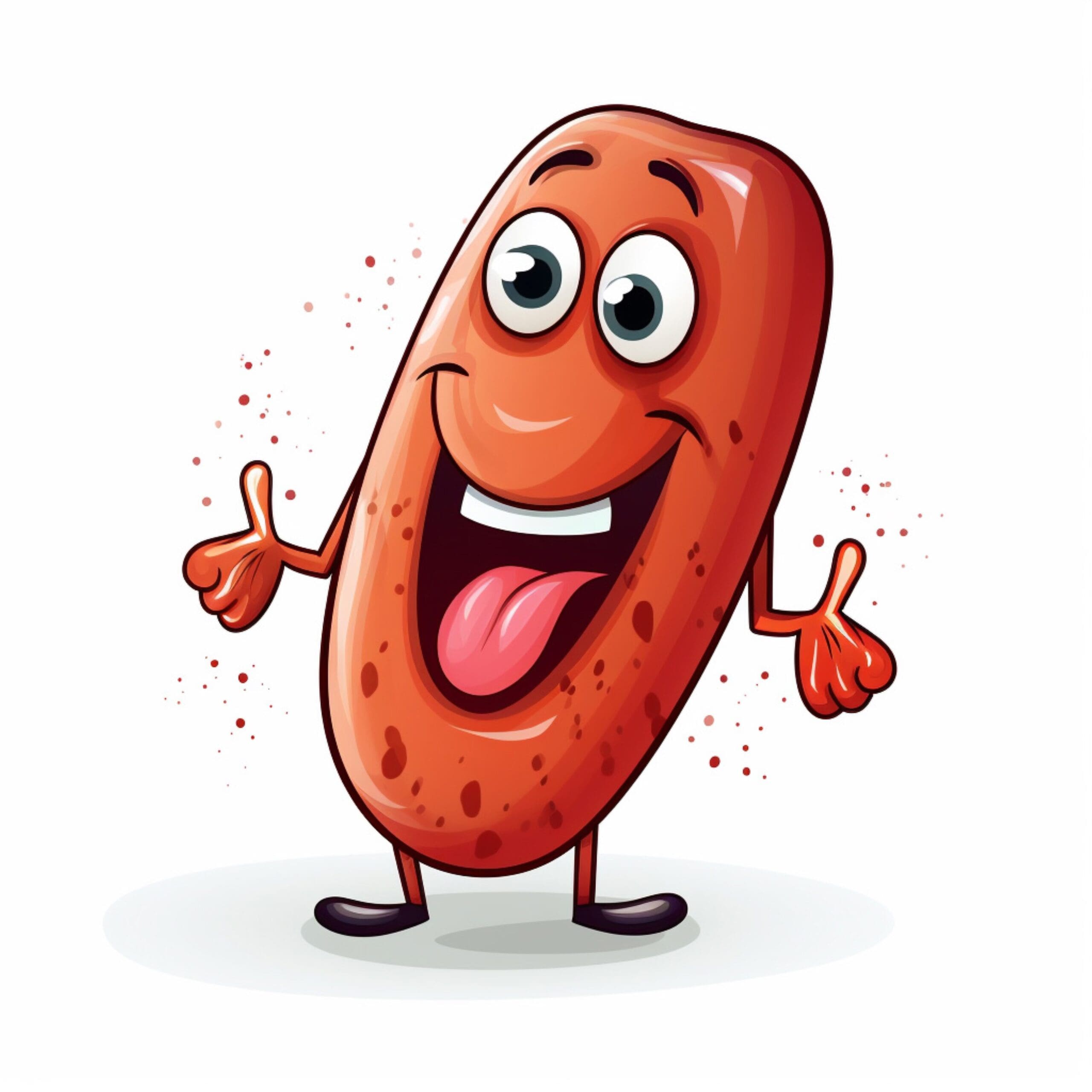 Cartoon graphic of a satisfied sausage with a toothpick on a colorful background.