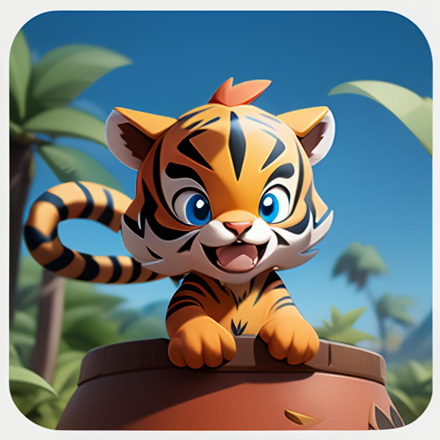 Cartoon graphic of a grinning tiger in the jungle.