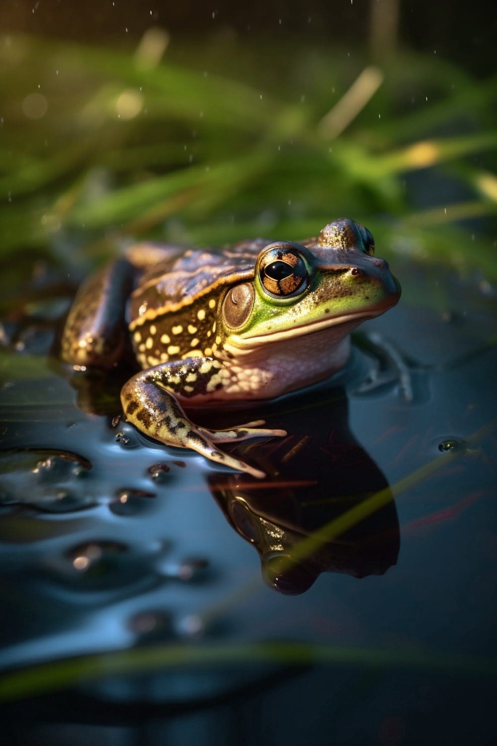 Cartoon graphic of a smiling frog by a pond.