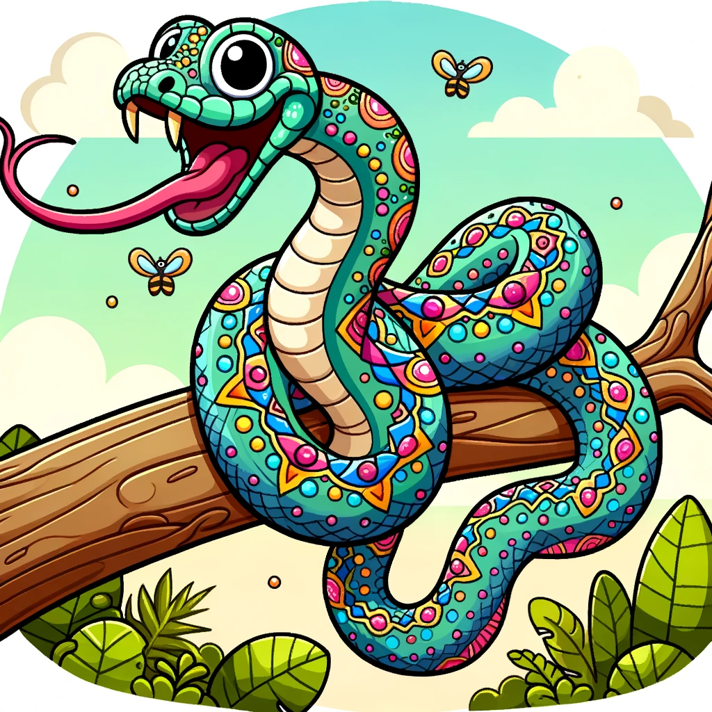 Cartoon-depiction-of-a-dazzling-snake-with-intricate-patterns-along-its-body-coiled-around-a-sturdy-jungle-tree-branch.-Its-tongue-flicks-out-occasio