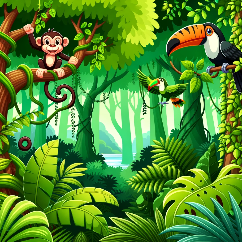 Cartoon graphic of a dense vibrant jungle with emerald green leaves and towering trees. A playful monkey swings from a vine a curious toucan perches